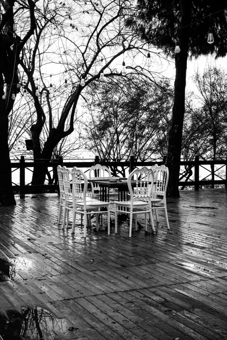 Monochrome image of an empty patio with white chairs after rain surrounded by trees
