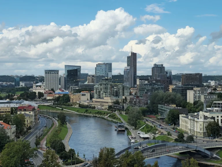 Stunning day view of Vilnius city skyline with the Neris River and modern architecture
